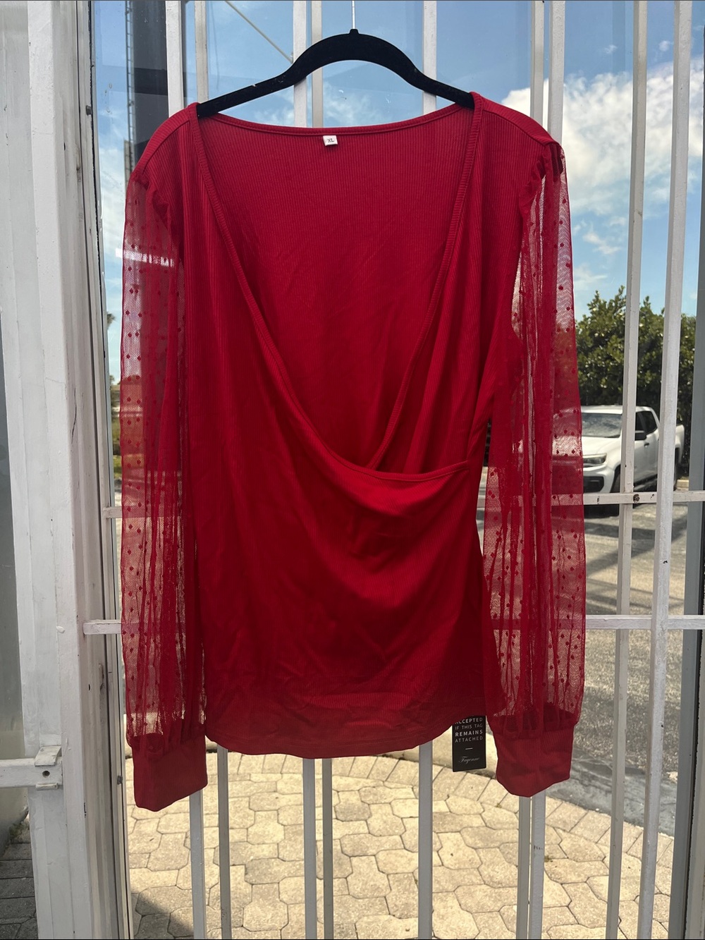 Red Draped Front Long-Sleeve Tee with Sheer Dot Sleeves
